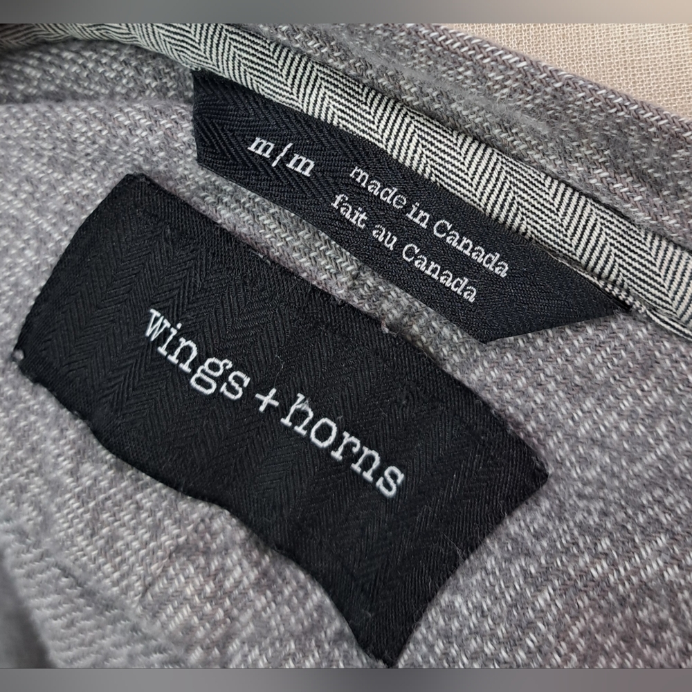 Wings + Horns Men's Button Down Shirt Mandarin Collar Gray Medium - Picture 13 of 16